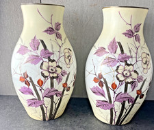 Pair of Large Victorian Purple  Painted  Floral Vases 32cm Opaline Milk Glass