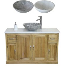 Oak Bathroom Single Vanity Unit 123cm Wide with White Marble Top & Marble Basin