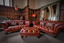 PAIR of TETRAD OSKAR MIDI 2/3 SEAT CHESTERFIELD TAN LEATHER SOFAS & STOOL SUITE