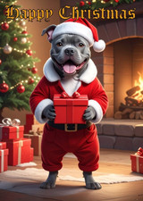 STAFFIE CHRISTMAS CARD - GREY/BLUE STAFFORDSHIRE BULL TERRIER IN A SANTA SUIT