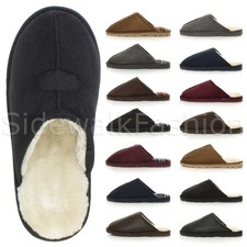 Mens low heel hard sole warm fur checked lined luxury gift mules slippers size