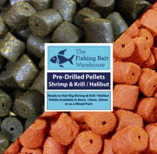 Pre-Drilled Shrimp & Krill or Halibut Pellets 100g, 8, 14 or 20mm, Carp Fishing