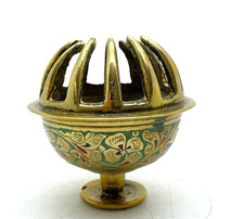 Vintage 1950's Brass Elephant Claw Bell Green & Red Floral Pattern