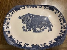 English Ironstone Beefeater Blue Bull Oval Steak Plate 1960s