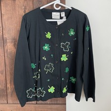 Michael Simon Sweater St Patrick’s Day Cardigan Sweater XL beaded Shamrocks Luck