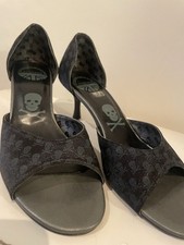 Ladies Underground Shoes Black Grey Skulls Size 6 Peep Toe Kitten Heel Worn Once