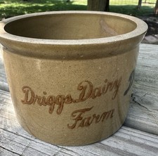 DRIGGS DAIRY FARMS TOLEDO OHIO STONEWARE DAIRY CROCK  SEPIA W/ BROWN BLACK LOGOS