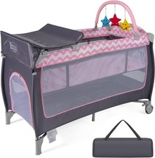 4in1 Baby Travel Cot Foldable Crib with Mattress, Changer & Storage Grey Pink