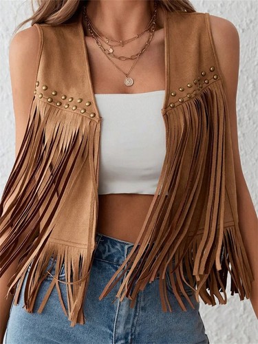 Women suede tassel vest - vest, 70s