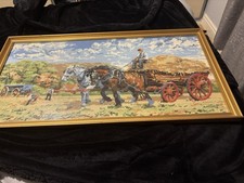 Vintage Rare Draft Horses Hay Wagon Needlepoint Tapestry