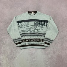 Vintage Knitted Jumper husky skiing forest patterned grandad knit sweater Men's
