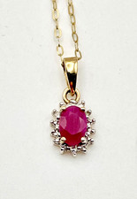 9ct Gold Ruby & Diamond Halo Cluster Pendant Necklace & 18" Chain. Gift Boxed