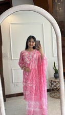 Beautiful Pink Cotton Kurta Kurti Set With Dupatta Shawl and Trouser Size 12/14