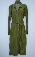 BOOHOO OLIVE GREEN PLISSE PLEATED TIE WAIST MIDI SHIRT DRESS SIZE 16