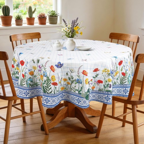 Blue floral round tablecloth - floral,