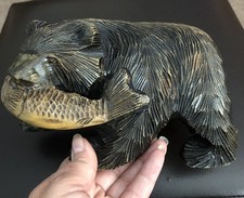 ( D &L) Antique Carved Wooden Black Bear With Fish Statue