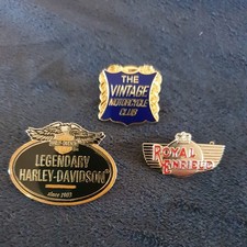 3x Motorcycle Metal Pin Badges - Vintage Club - Royal Enfield - Harley Davidson