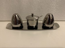 Stainless Steel 3 Piece Cruet Set Inc Pot With Spoon And Lid On Tray Vintage60’s