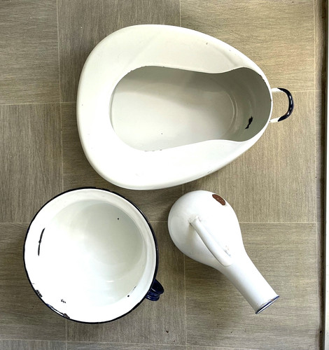 Vintage enamelware white blue - enamelware,