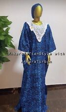 Party UK16-18 Boubou Kaftan Abaya Blue 3/4 Sleeve White Lace Dress Headtie
