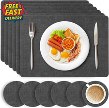 Dark Grey Placemats and Coasters - Set of 6 Large PU Leather Coasters and Place 