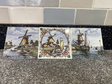  Vintage Delft Handpainted Ceramic Tiles x 3 ‘Windmill’ Themed Made in Holland 