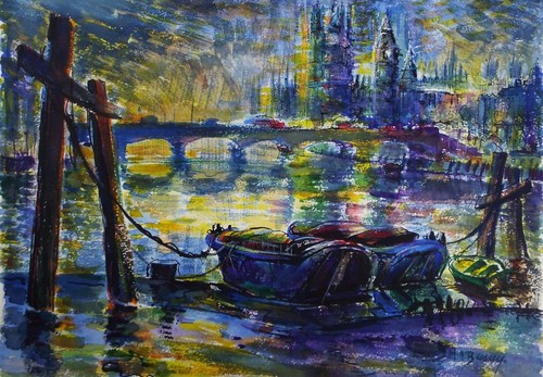 Original watercolour moored - watercolour,, 'moored