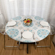 Round Vinyl Tablecloth Fitted Elastic Flannel Backed Table Cover Waterproof PVC