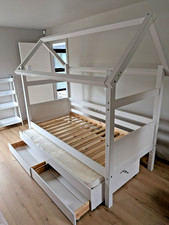 White Wooden House Style Modern Single Kids Bed | Trundle Bed And 2 Drawers