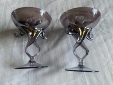 2 X KROSNO POLISH ART CASED GLASS PEDESTAL BOWL PETROL COLOURS 6 1/2" HIGH