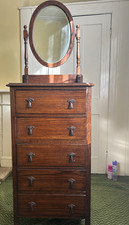 Edwardian Solid Oak Tall Boy Chest of Drawers with Bevelled Mirror