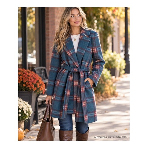 Teal plaid belted wrap coat - plaid,