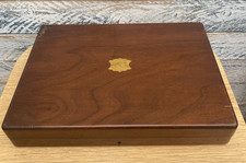 Vintage Empty Mahogany? Wooden Cutlery Canteen Box Brass Cartouche &Lock No Key