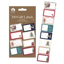 100 Christmas Gift Labels Traditional Design Self Adhesive Stickers Present Tags