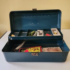 Vintage Old Metal Tackle Box Loaded With Lures And Tackle Wooden, Plastic, Metal