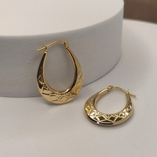 Gold on Sterling Silver Diamond Cut Oval Creole Hoop Earrings - Ladies Oval Hoop