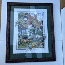 Vintage Gorgeous vintage framed thatched cottage garden tapestry picture