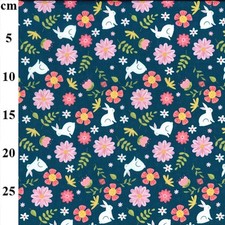Polycotton Fabric Rabbits & Flowers Print – 110cm Wide – Lightweight Craft Fabri