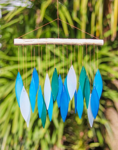 Glass wind chime blue leaves - chime,