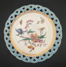 ANTIQUE HAVILAND & Co LIMOGES PIERCED RIM FLOWERS + BUTTERFLY DEEP CABINET PLATE