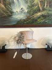 Whiteley Hat Dusky Pink Grey Wedding, Occasion, Sinamay, with feathers & scrolls