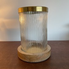 Laura Ashley Glass Hurricane Candle Holder – Gold Metal & Wood Design