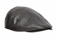 Mens Genuine BLACK Leather Flat Cap English Granddad Hat Baker-boy Classic Cap