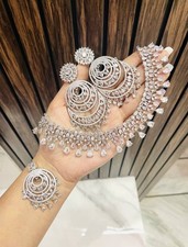 Designer Indian Bollywood Silver Plated White CZ Necklace Jhumka Tika Lay