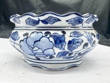 VINTAGE BLUE WHITE PORCELAIN JARDINIERE CACHEPOT PLANTER FLORAL DESIGN VASE