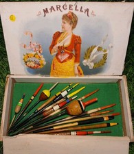 Fourteen Vintage Fishing Floats In An Old Cigar Box, Porcupine Quil, Cane, Cork.