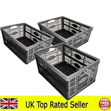 PACK OF 3 - PLASTIC FOLD FLAT STACKABLE STORAGE FOLDING CRATES BOXES 32 LITRE