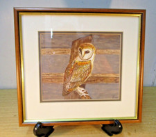 S. Stokes Watercolour Painting Owl on a Fence - Signed Framed - Vintage Retro