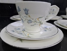 VINTAGE ENGLISH FINE BONE CHINA TEA SET 6 x TRIOS BLUEBELLS HAREBELLS SILVER