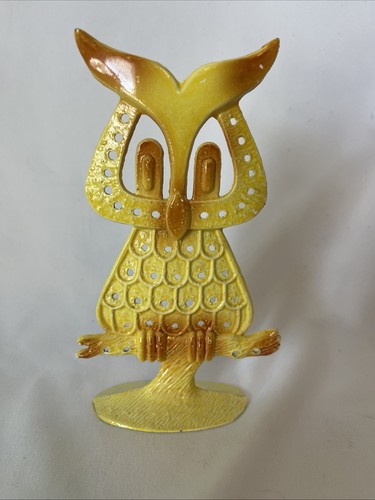 Metal yellow owl - yellow, earring